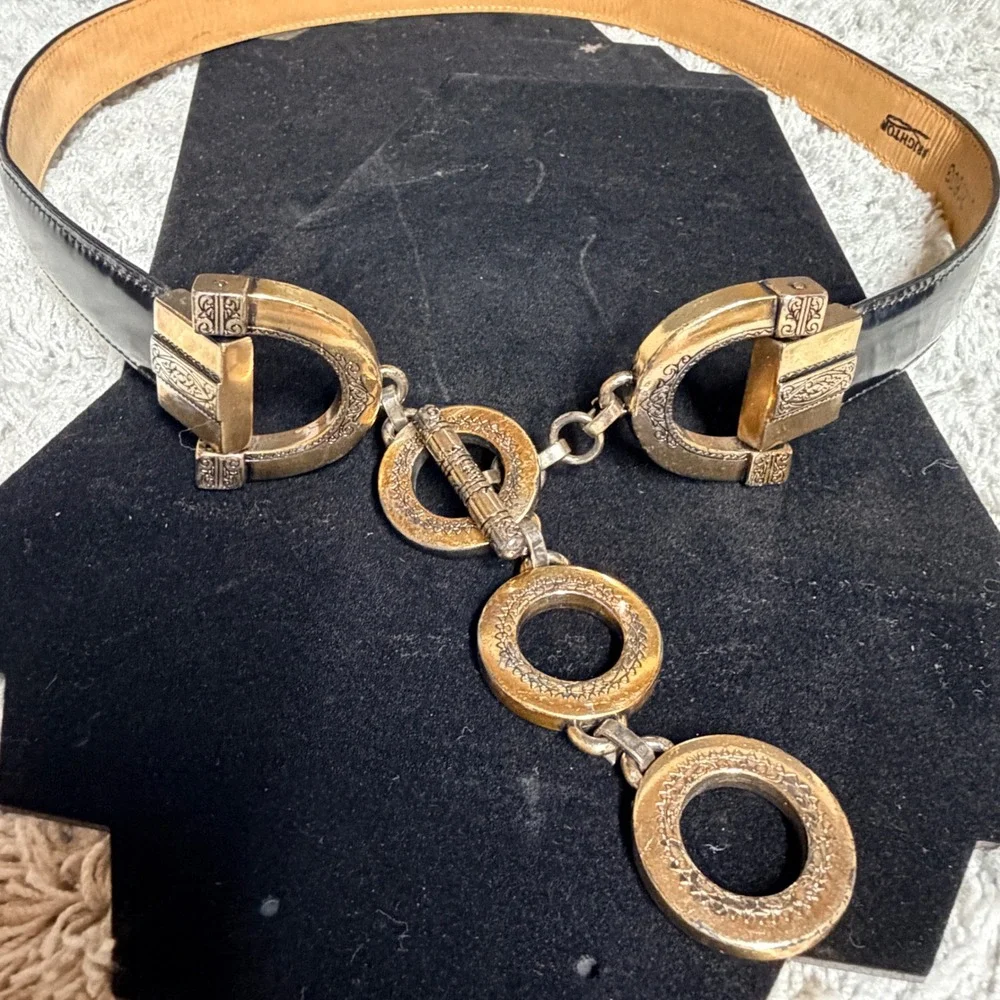 Brighton Vtg 1996 Black Leather Toggle Belt Western. Mixed Metal Ornate L 20603